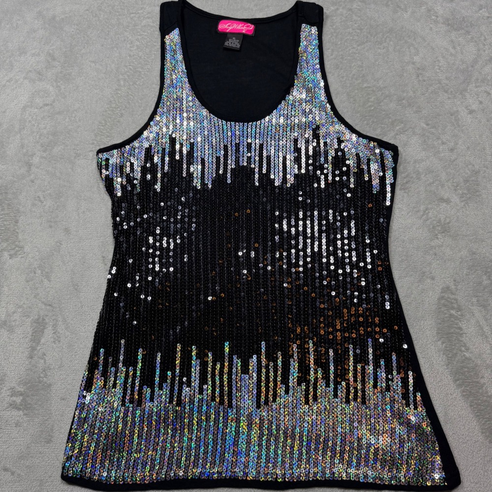 Vintage‎ 2000s Black Rayon Sequin Tank Top Y2K Party Sparkly Sleeveless XL M